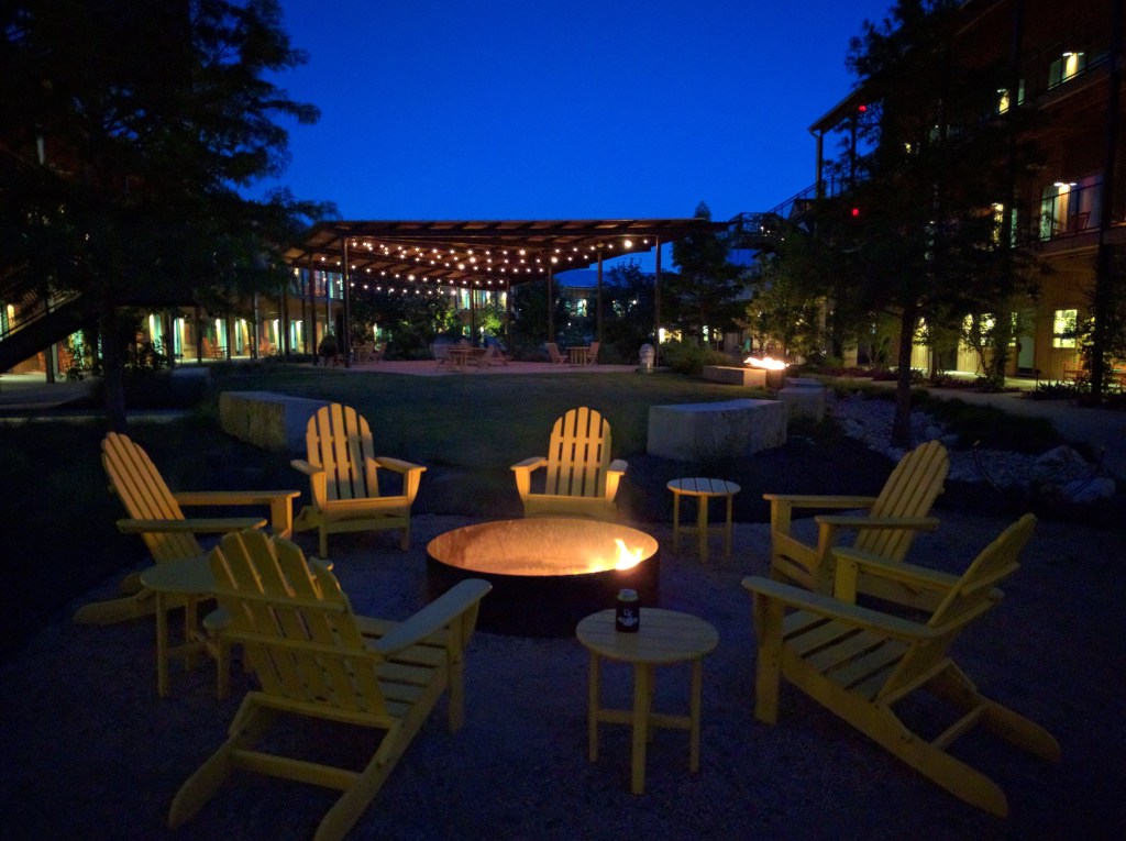Firepit and outdoor space at night