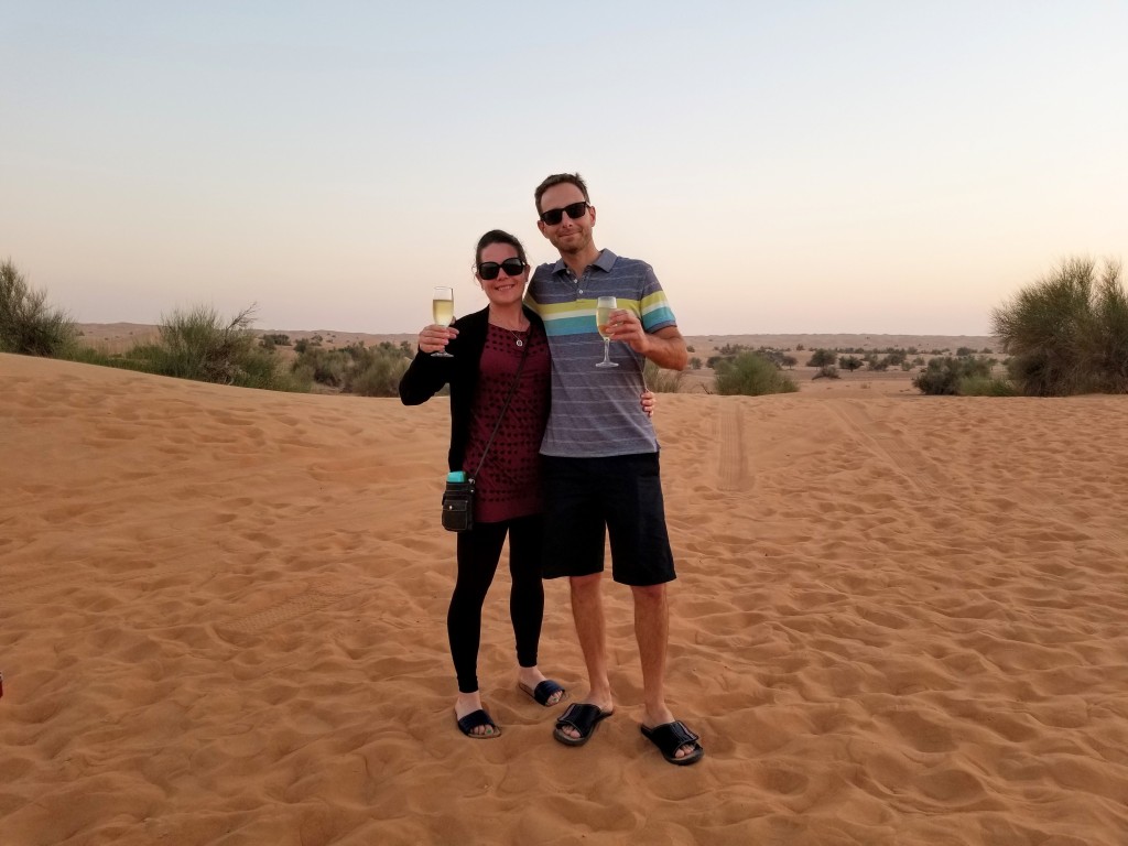 Champagne in the desert at sunset