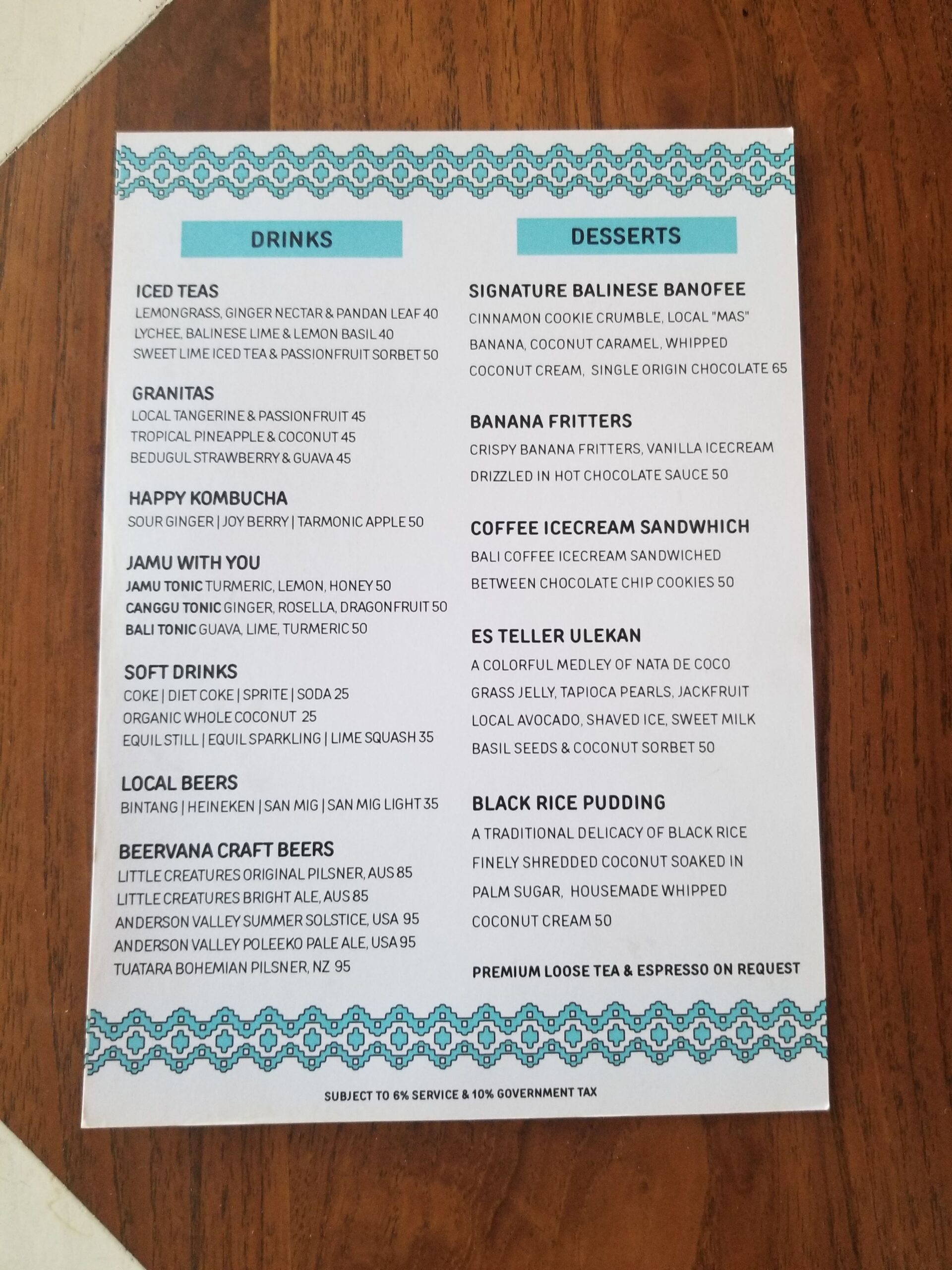 Drinks and dessert menu at Ulekan