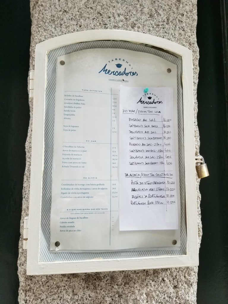Menu at Taberna Dos Mercadores