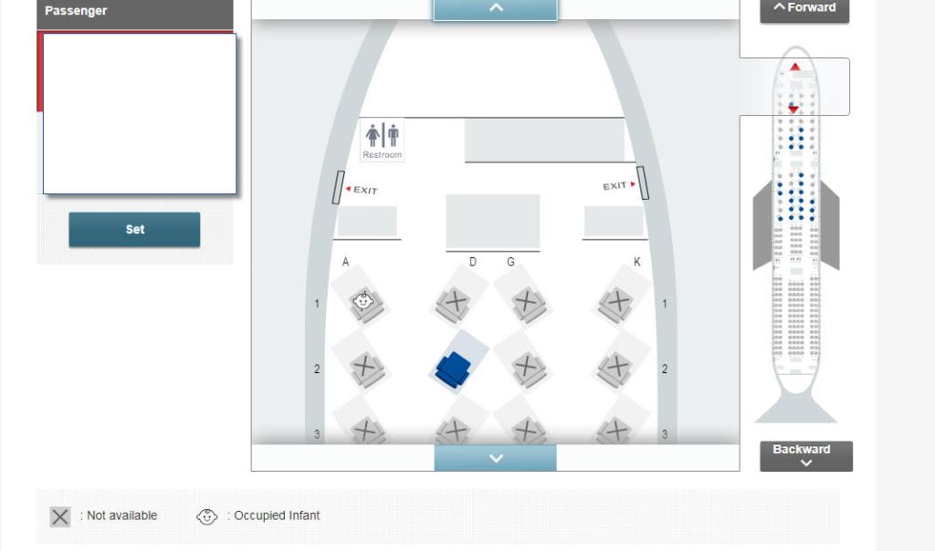 JAL seat map that shows where infants are sitting