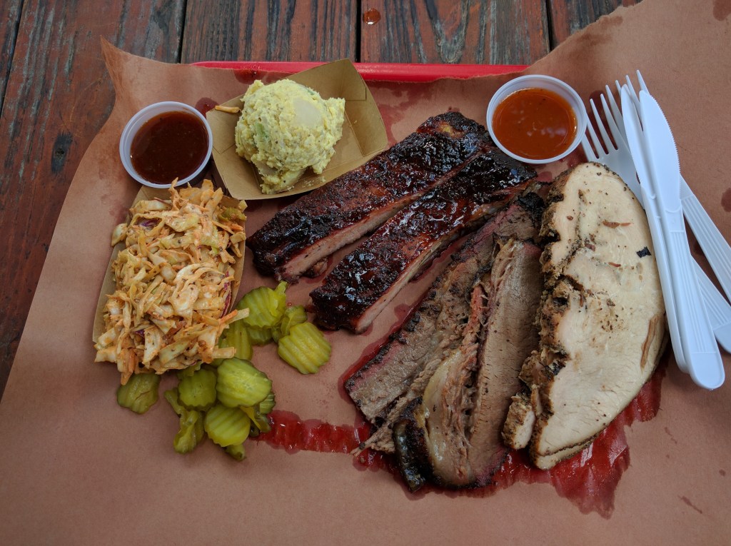 Brisket, turker, ribs, potato salad and slaw at La Barbecue