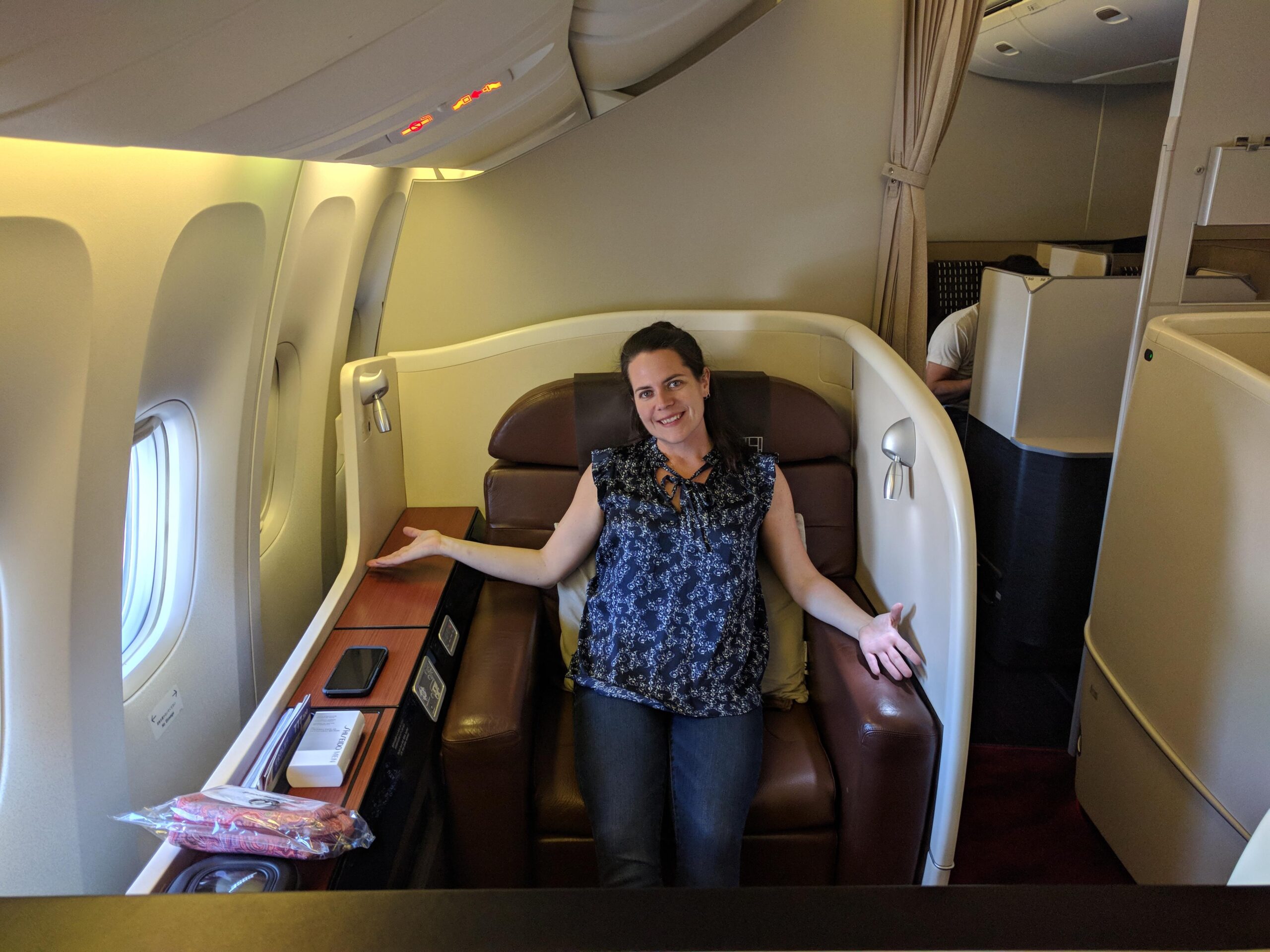 Max in the JAL First Class seat on the 777 flown from SFO to HND