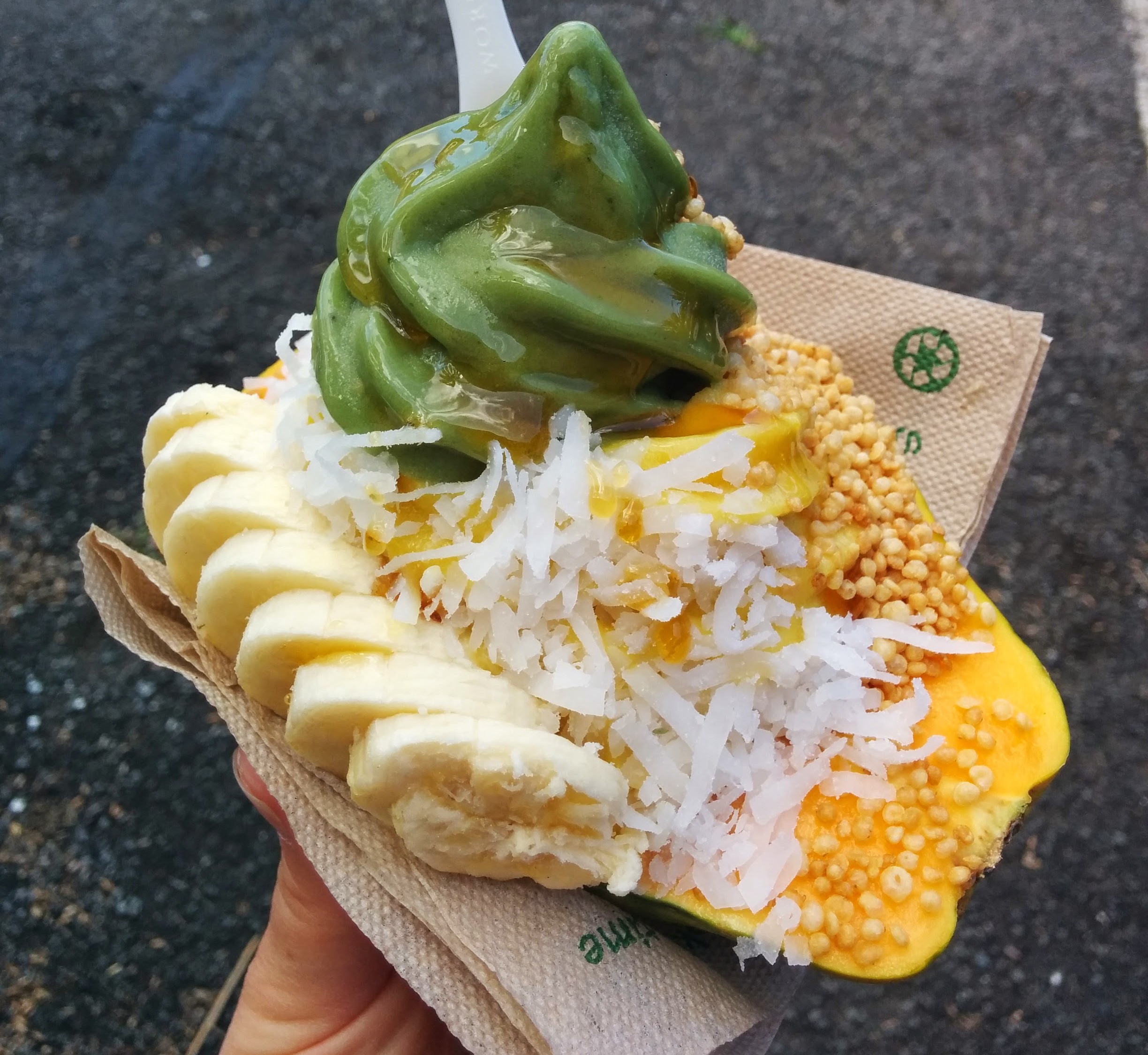 Banan in a papaya boat with toppings