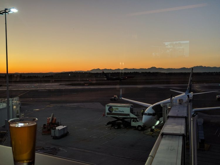 Sunset from the Alaska Airlines Lounge in the North Satellite Terminal