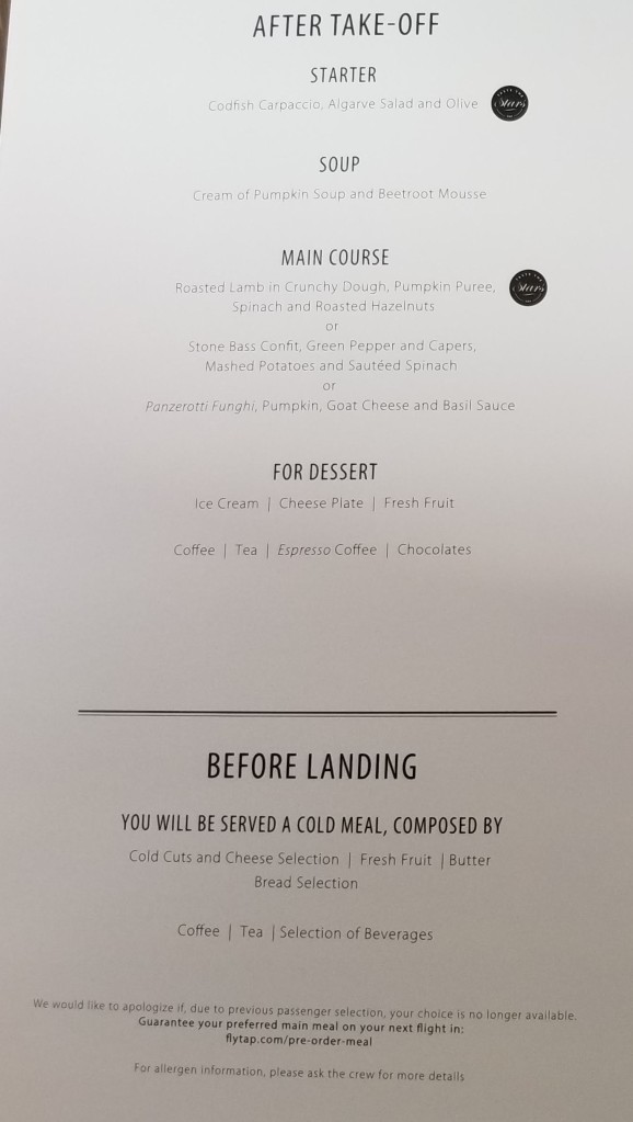 TAP Air Portugal's A330neo from LIS to EWR: food menu