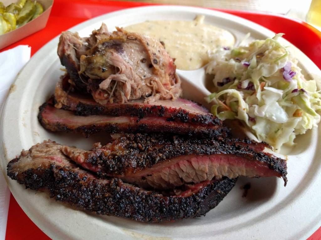 2 Meat plate with coleslaw and jalapeno cheddar grits at Little Miss BBQ Sunnyslope