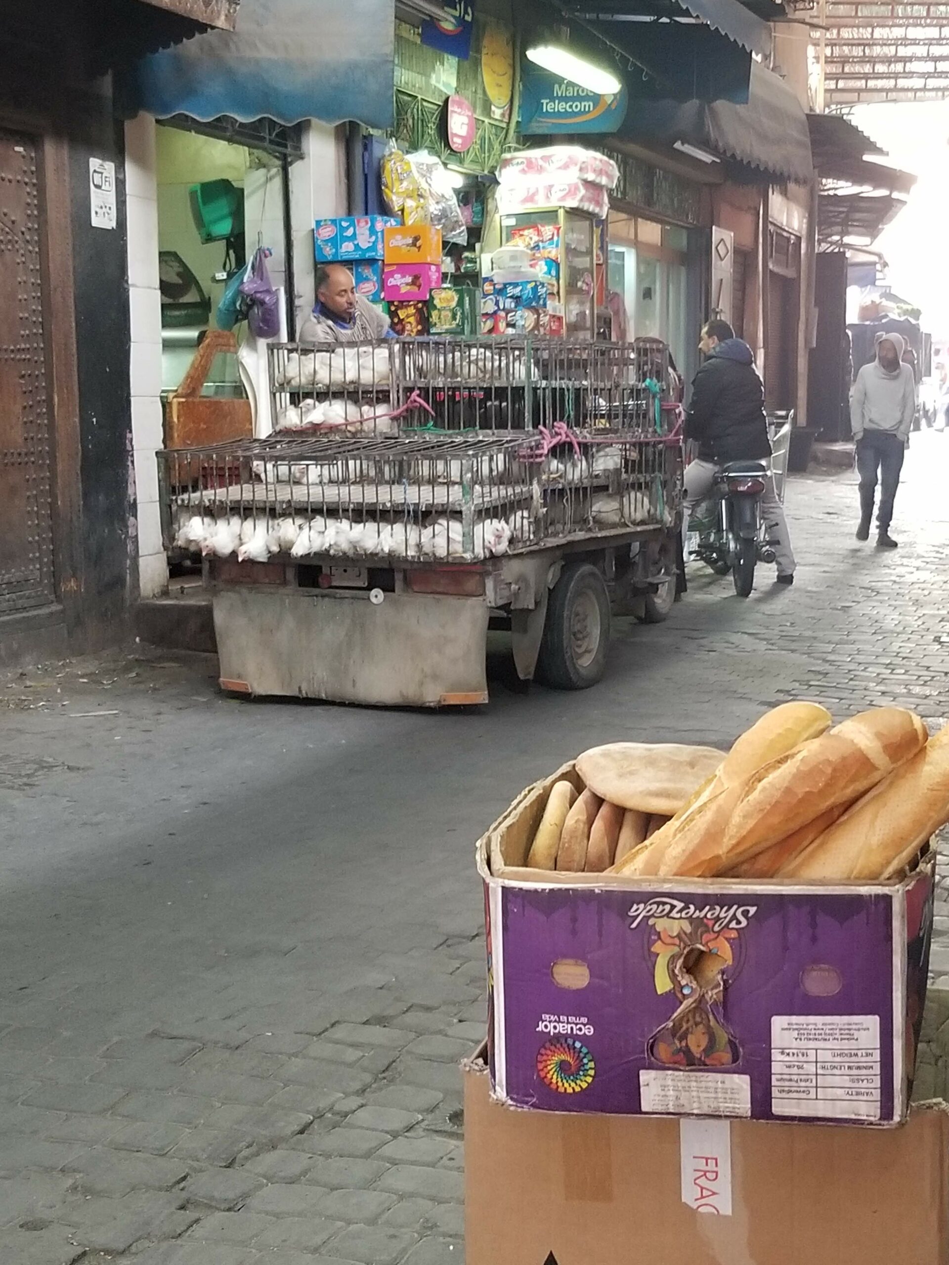 Streets in the medina; yes those are live chickens!