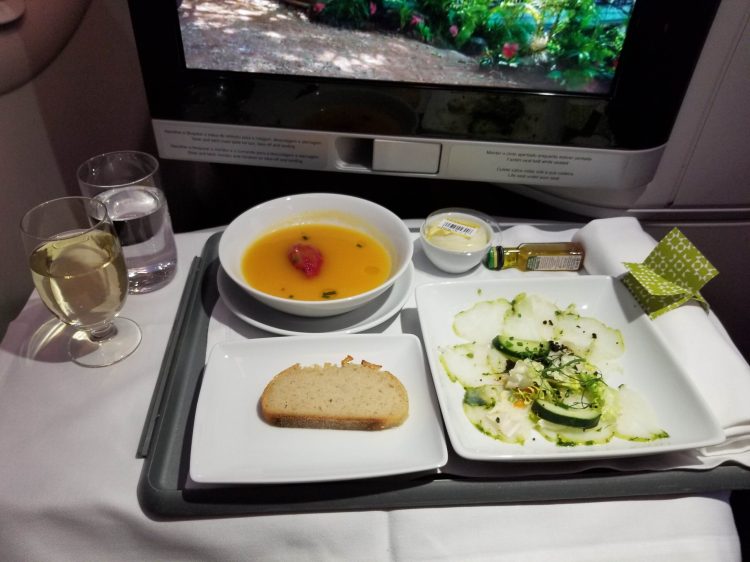 TAP Air Portugal's A330neo from LIS to EWR: appetizer of cod and pumpkin soup