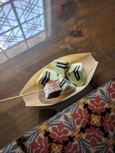 Matcha ice cream mochi and taro marshmallow at Momotabi Mochi Market