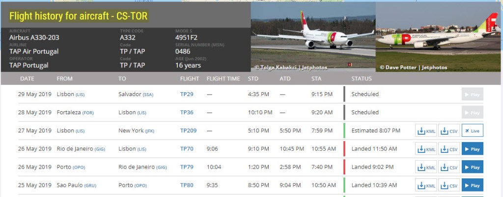 Aircraft history on FlightRadar 24 based on aircraft registration