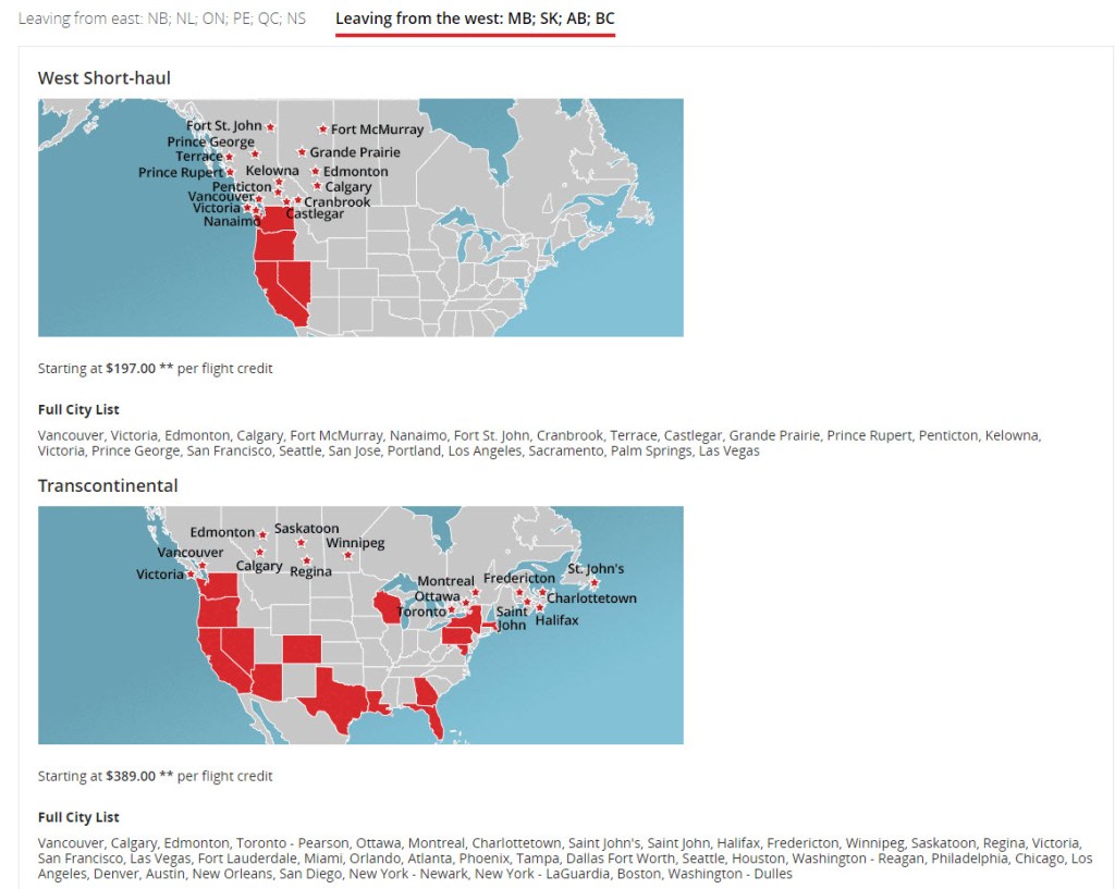 Air Canada West Flight Pass Destinations