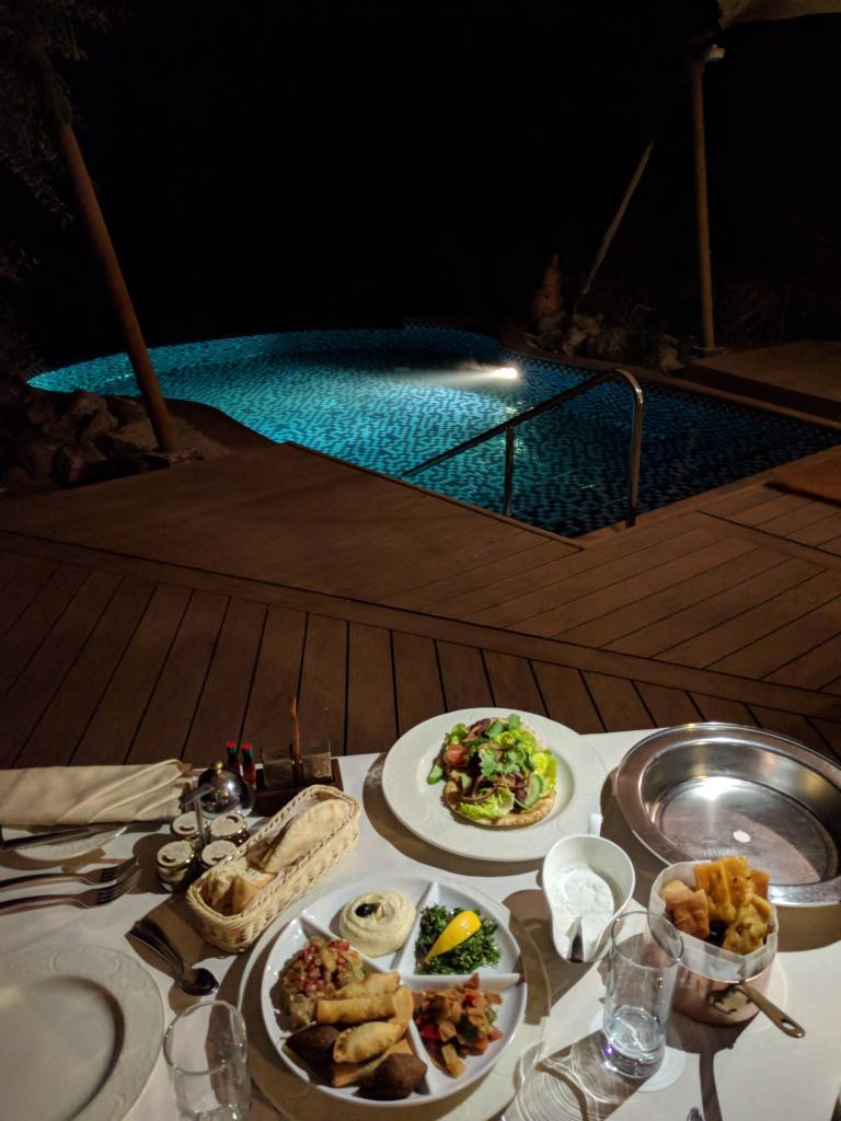 In-villa dining by the pool: Arabic mezzes an lamb kofta to share