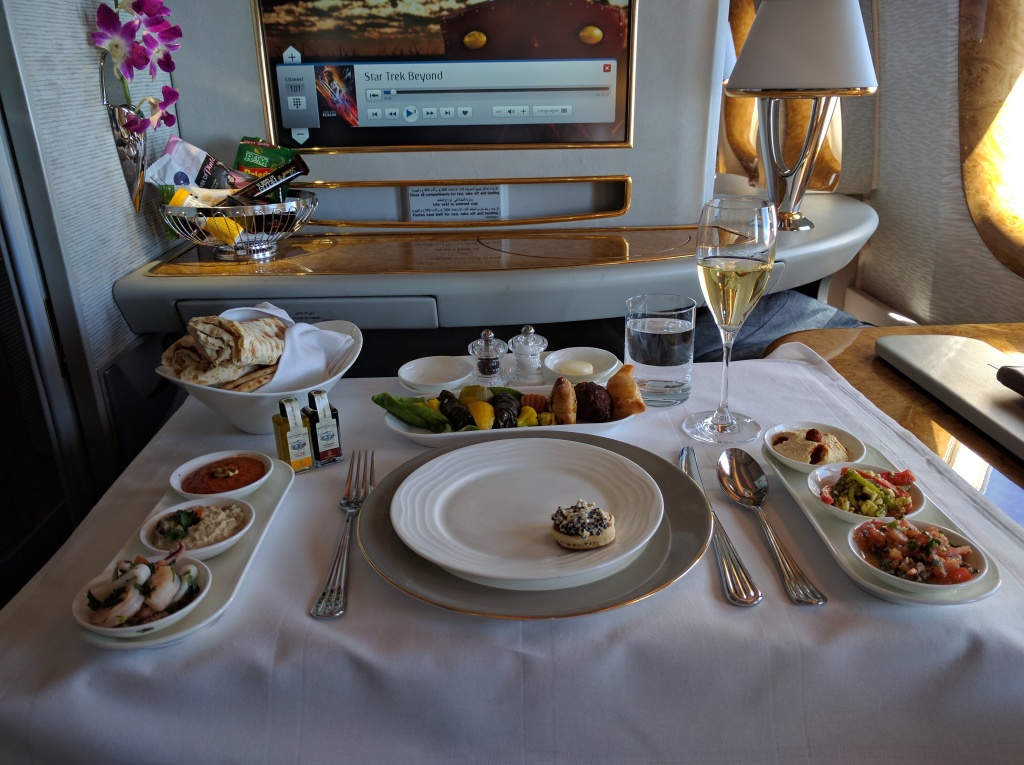 The Arabic Mezze plate in Emirates First Class between DFW-DXB with 2002 Dom Perignon champagne