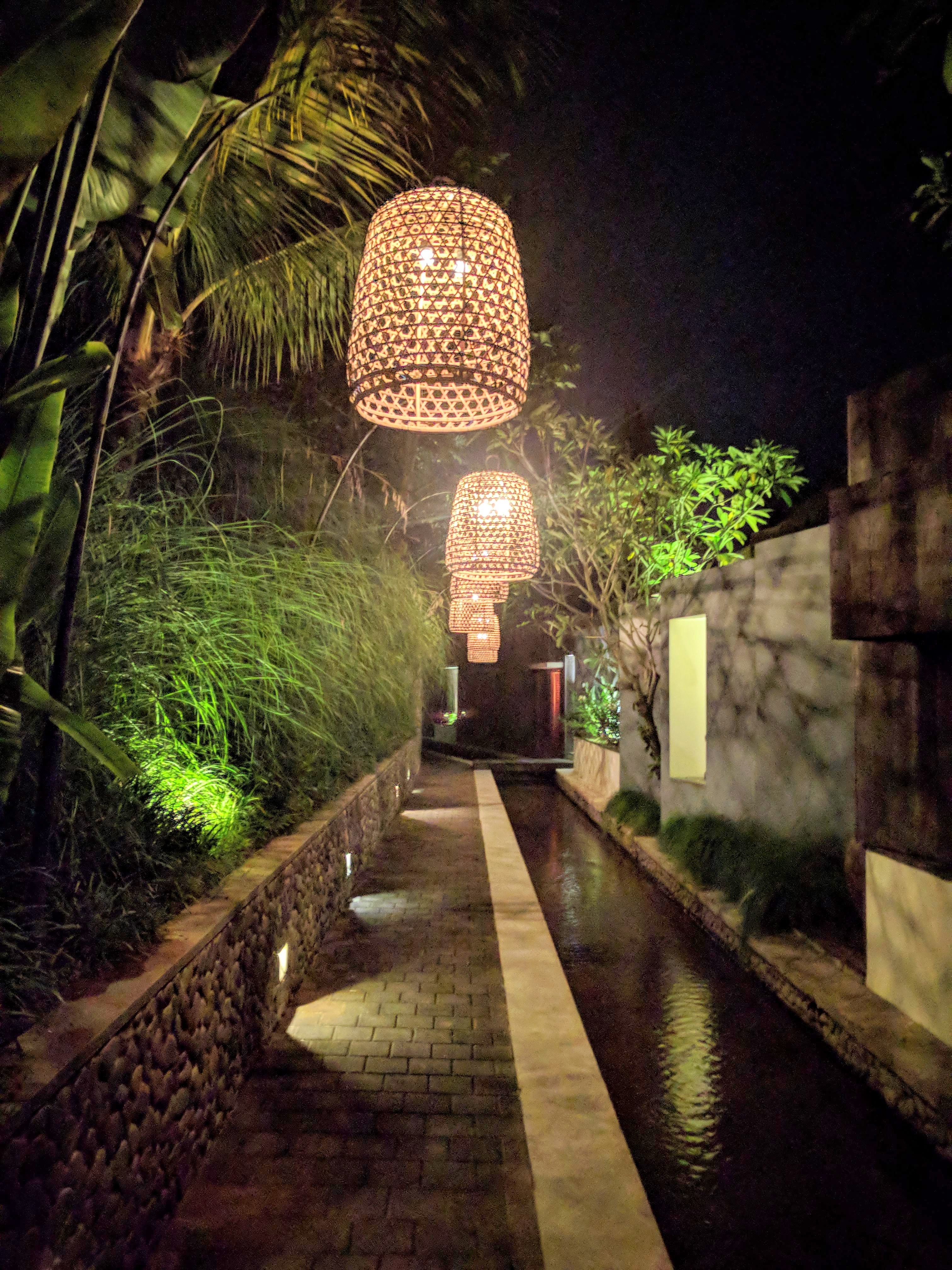 Pathway to the Bamboo Villa at night