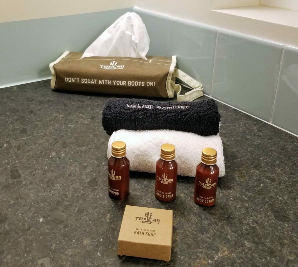 Bathroom toiletries at Texican Court