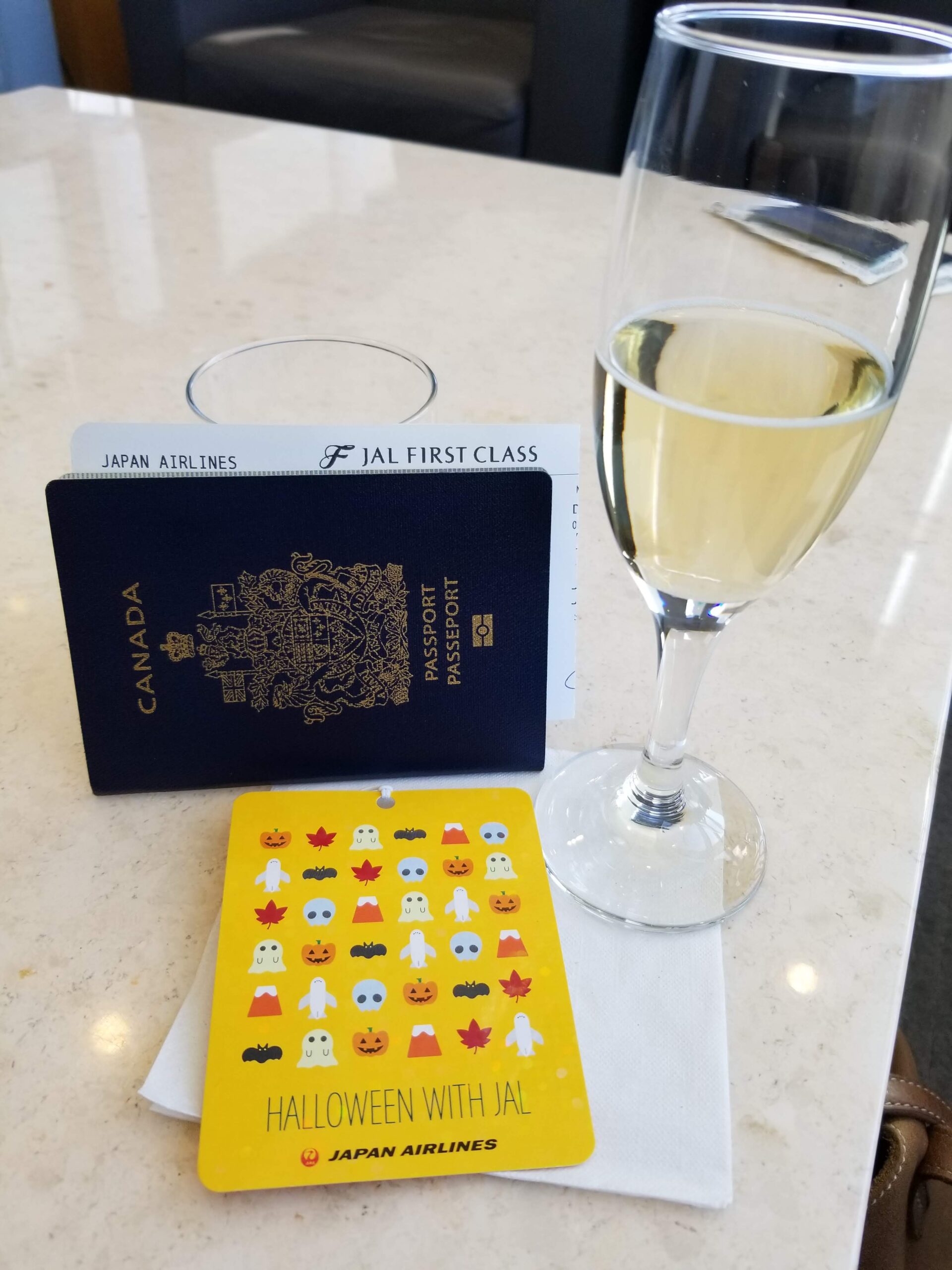 Cathay Pacific Lounge at SFO and the Halloween card given to us by JAL