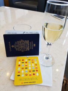 Cathay Pacific Lounge at SFO and the Halloween card given to us by JAL