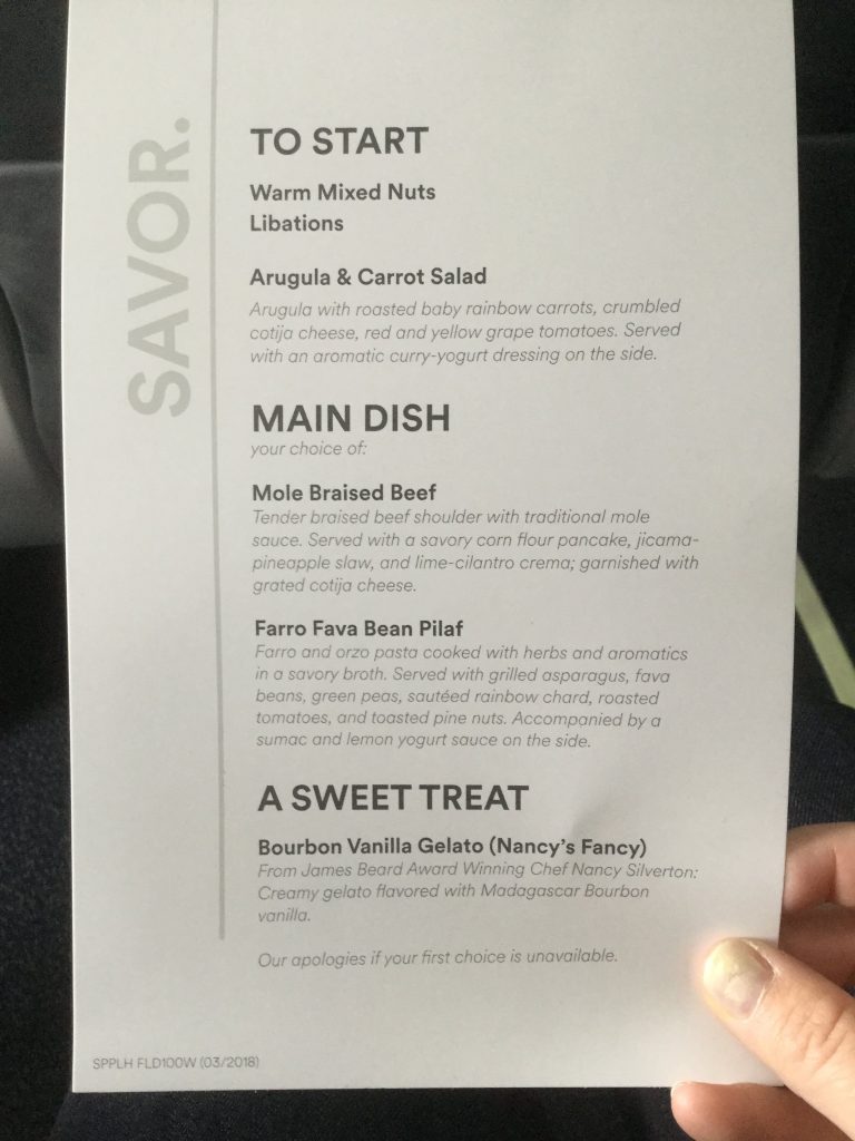 Alaska Airlines First Class Menu