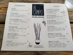 Menu at Al Campo in Marfa