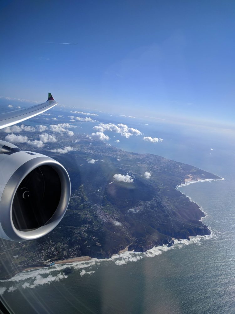 TAP Air Portugal's A330neo from LIS to EWR: view of the Portuguese coast line on departure