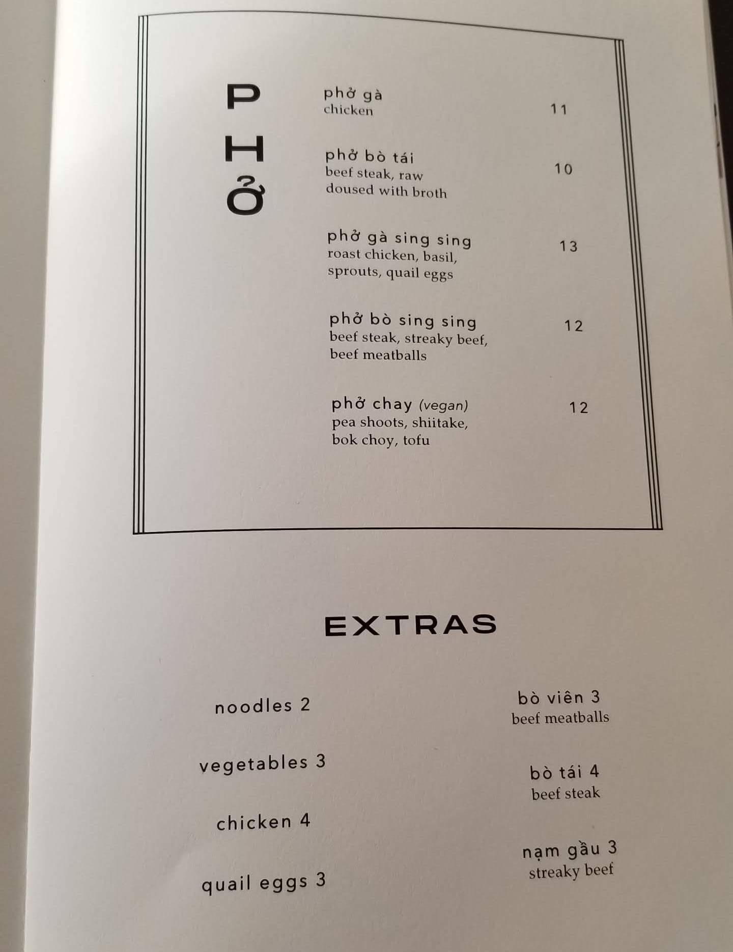 Pho menu at Sing Sing Beer Bar