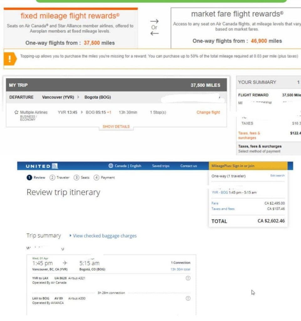 Aeroplan Redemption on Avianca vs Paying for the Ticket