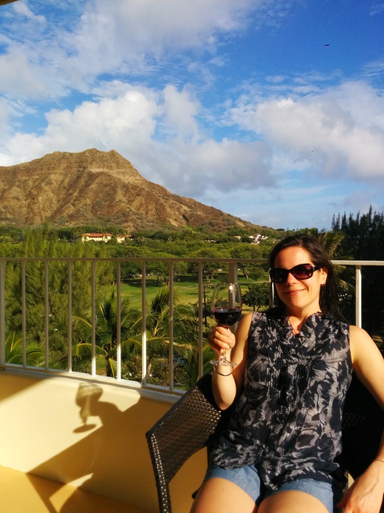 Wine hour on the balcony with a view of Diamond Head