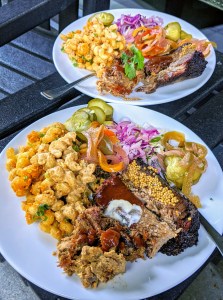 Takeout from Lil' Ronni's BBQ by MacKenzie Beach: mac and cheese, pulled pork, brisket, and ribs