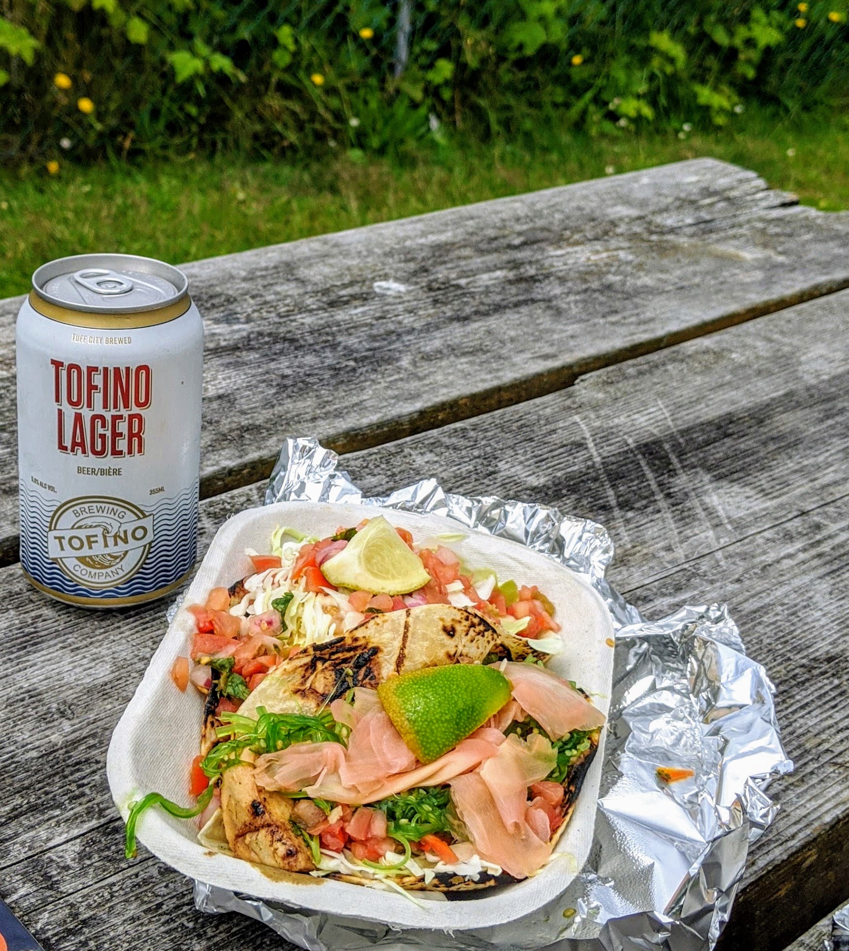 Enjoying tacos from Tacofino in Tofino