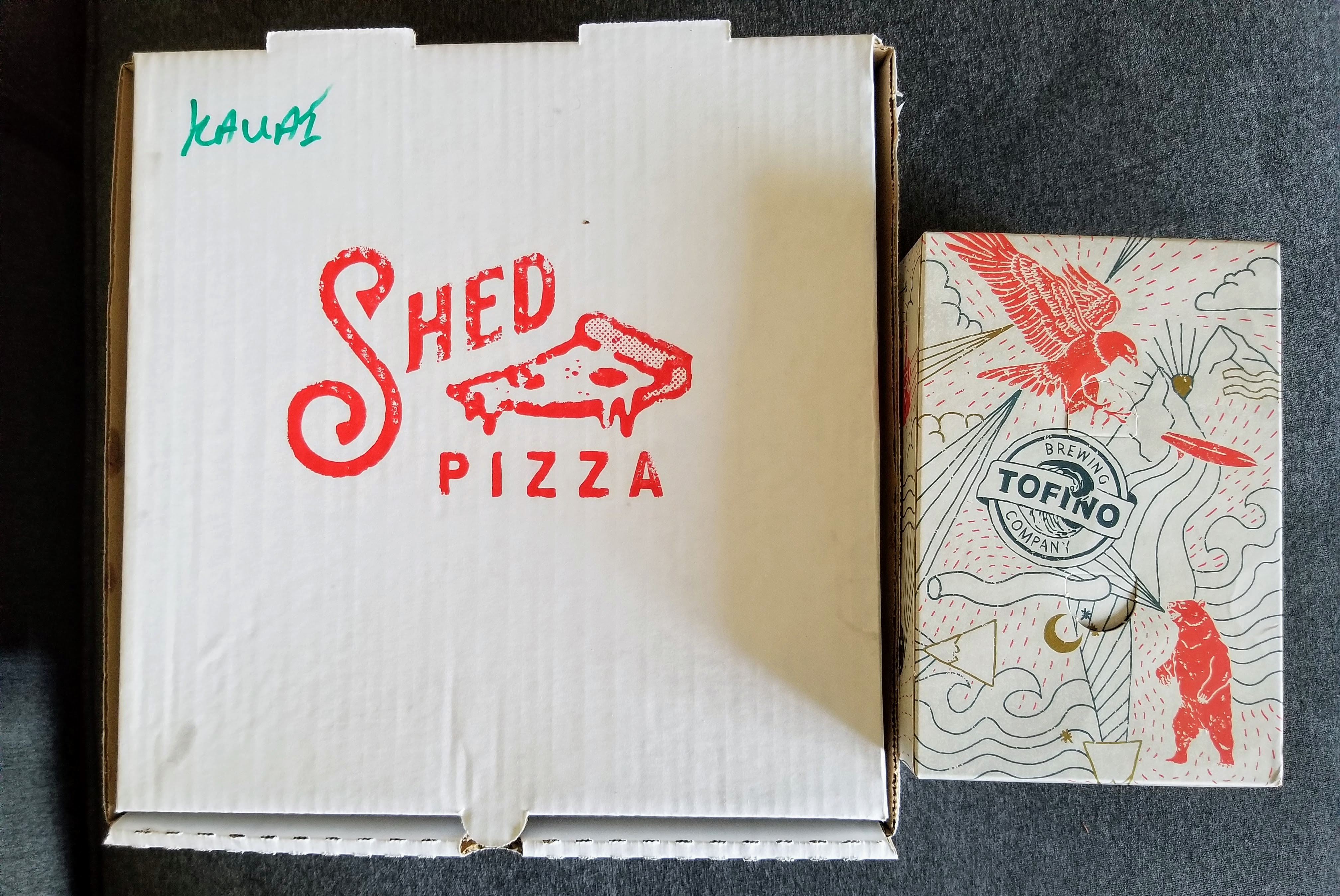 The Shed pizza and 6 pack of beer deal: a good option to take to the beach