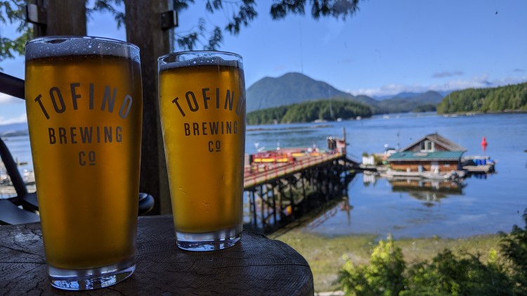 Enjoying a beer on the patio at The Shoreline