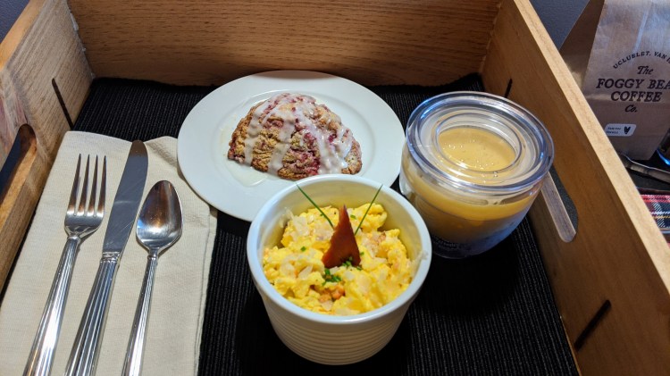 A Snug Harbour Inn: The breakfast of the day which was scrambled eggs with smoked salmon, a raspberry scone and a smoothie