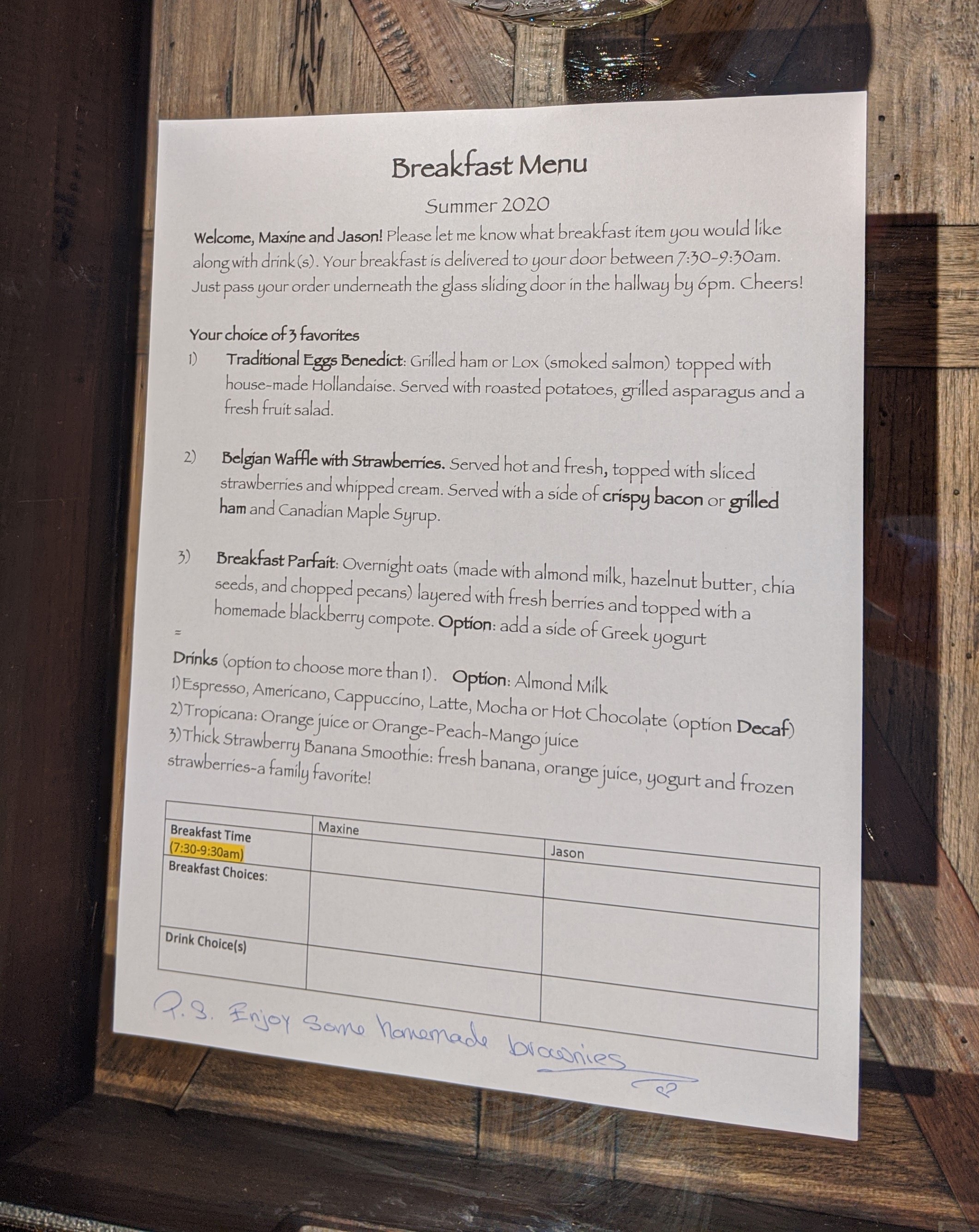 Sunrise Isles Bed and Breakfast: breakfast menu
