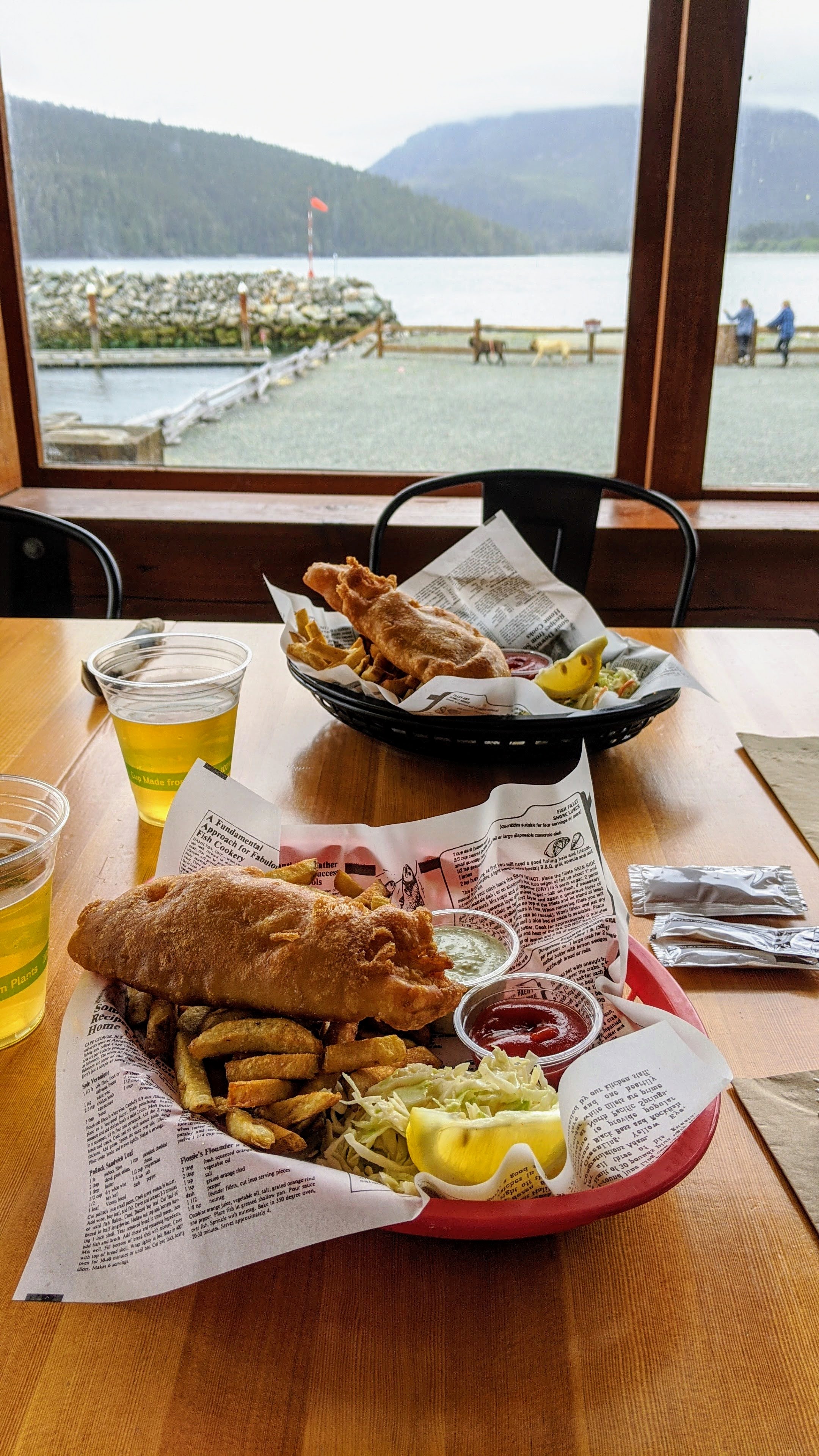 Fish and chips and beer at Bridgeman's in Port Renfrew