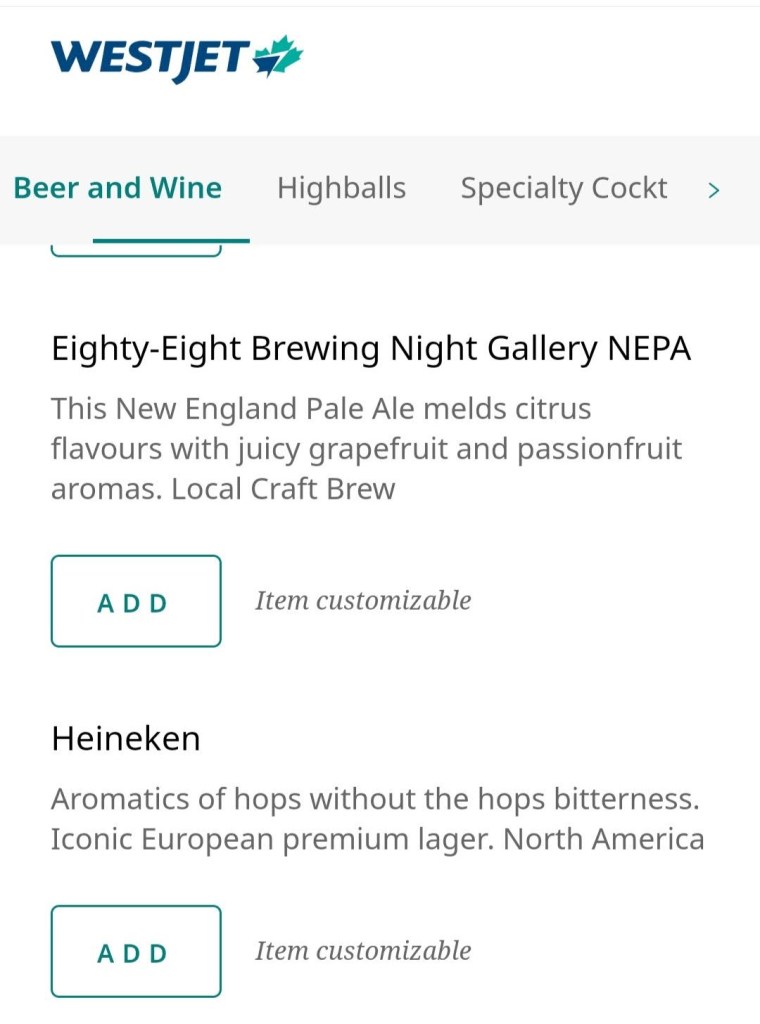 YYC WestJet Elevation Lounge: Menu