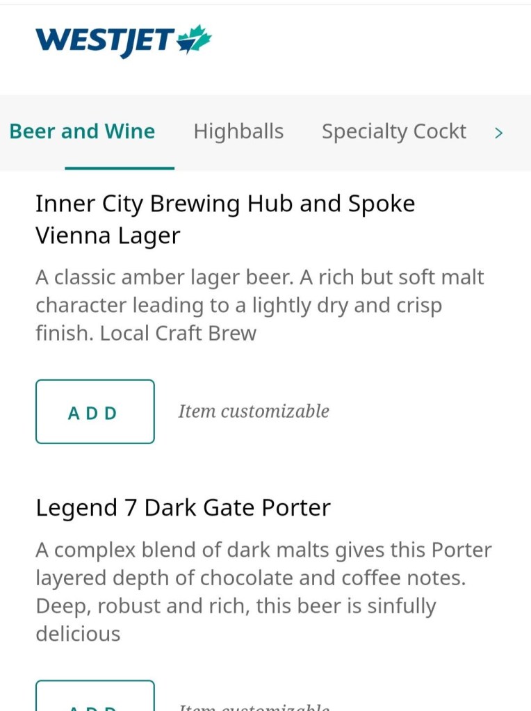 YYC WestJet Elevation Lounge: Menu