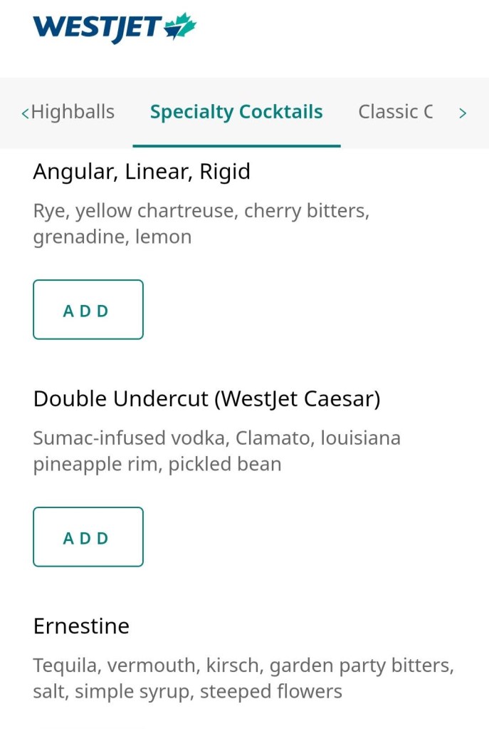 YYC WestJet Elevation Lounge: Menu
