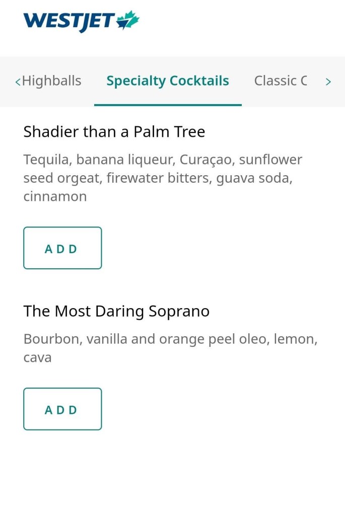 YYC WestJet Elevation Lounge: Menu