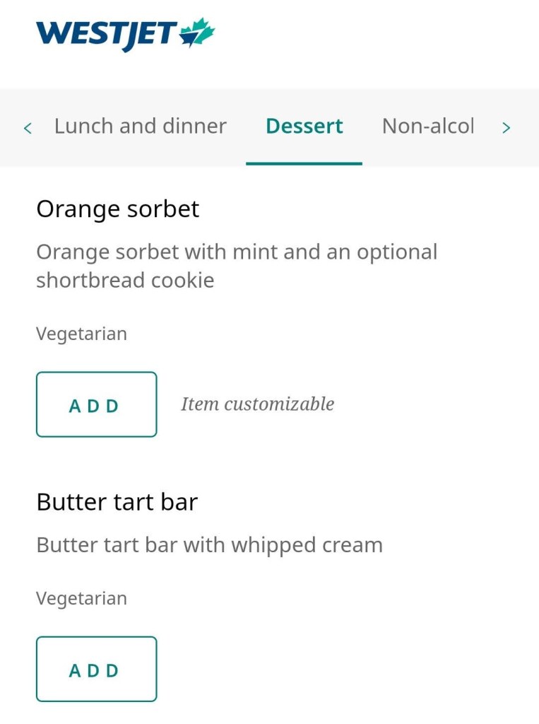 YYC WestJet Elevation Lounge: Menu