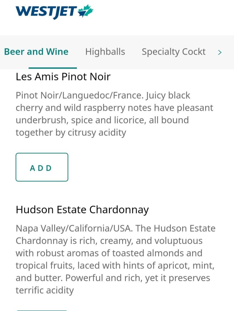 YYC WestJet Elevation Lounge: Menu