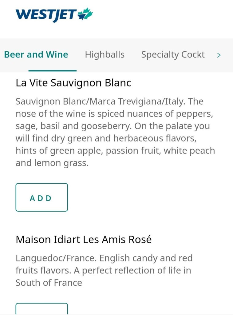 YYC WestJet Elevation Lounge: Menu