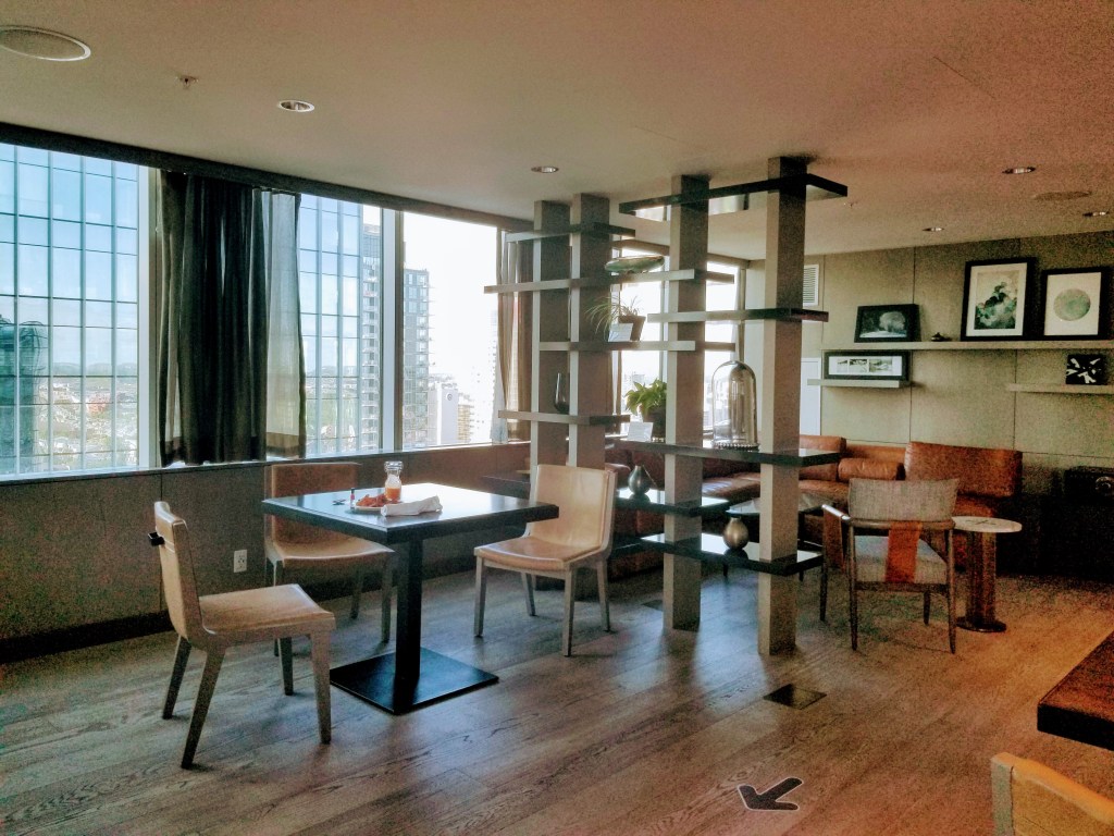 JW Marriott Edmonton ICE District: Lounge where you can have breakfast and evening snacks. All day snacks available too.