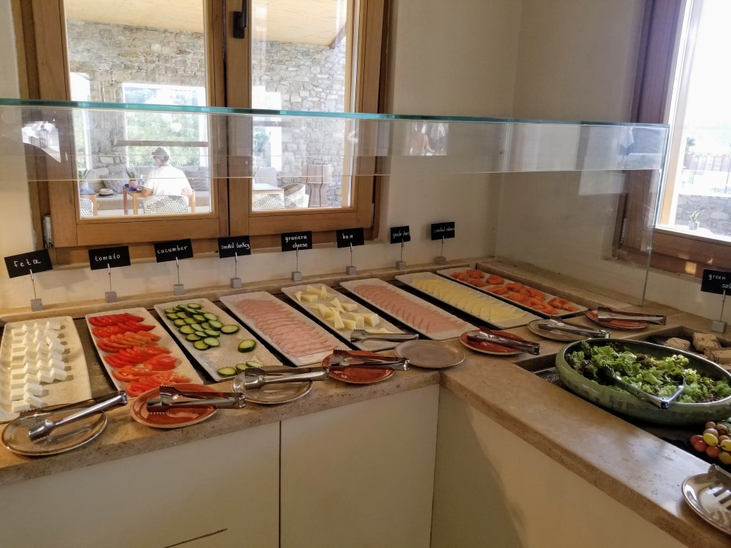 Aegon Mykonos: Breakfast buffet options like cheeses, veggies, meats, smoked salmon