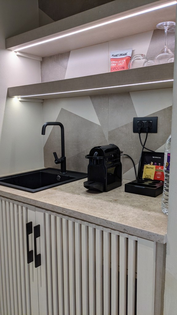 Aegon Mykonos Infinity Suite Revive: sink, coffee maker and fridge (in the cupboard)