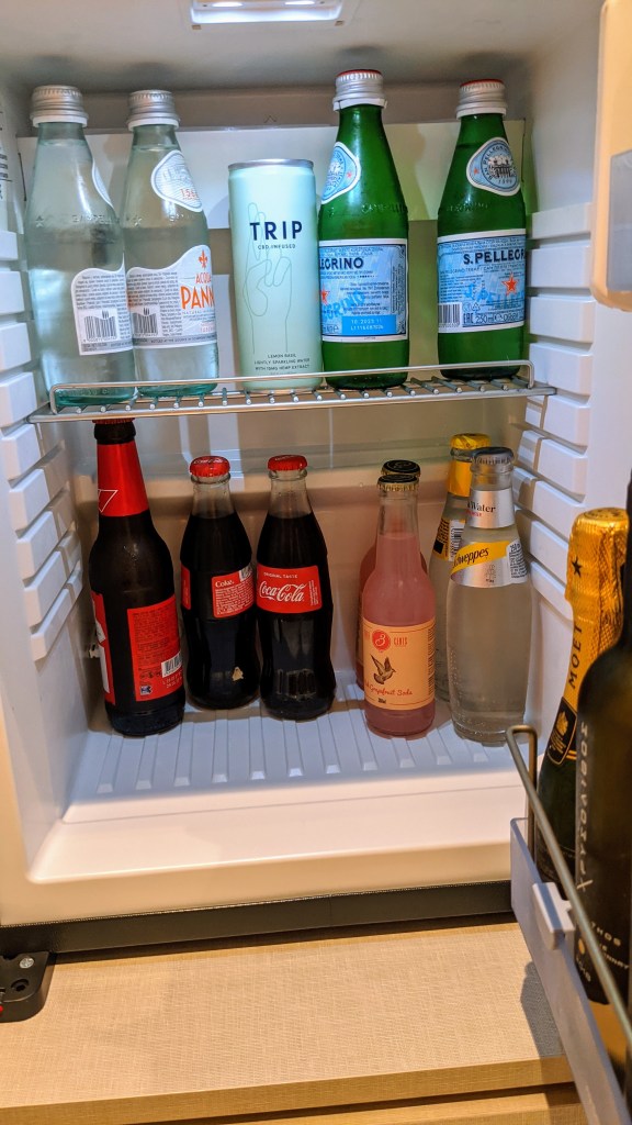 Aegon Mykonos Infinity Suite Revive: mini bar. Seriously? The only beer they have is a Budweiser?