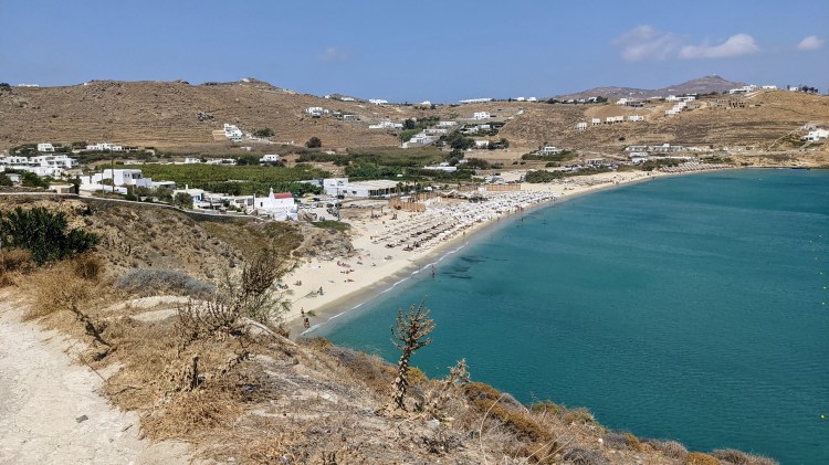 Aegon Mykonos: short walk to Kalo Livadi Beach. The hotel is to the left in the photo (white buildings)