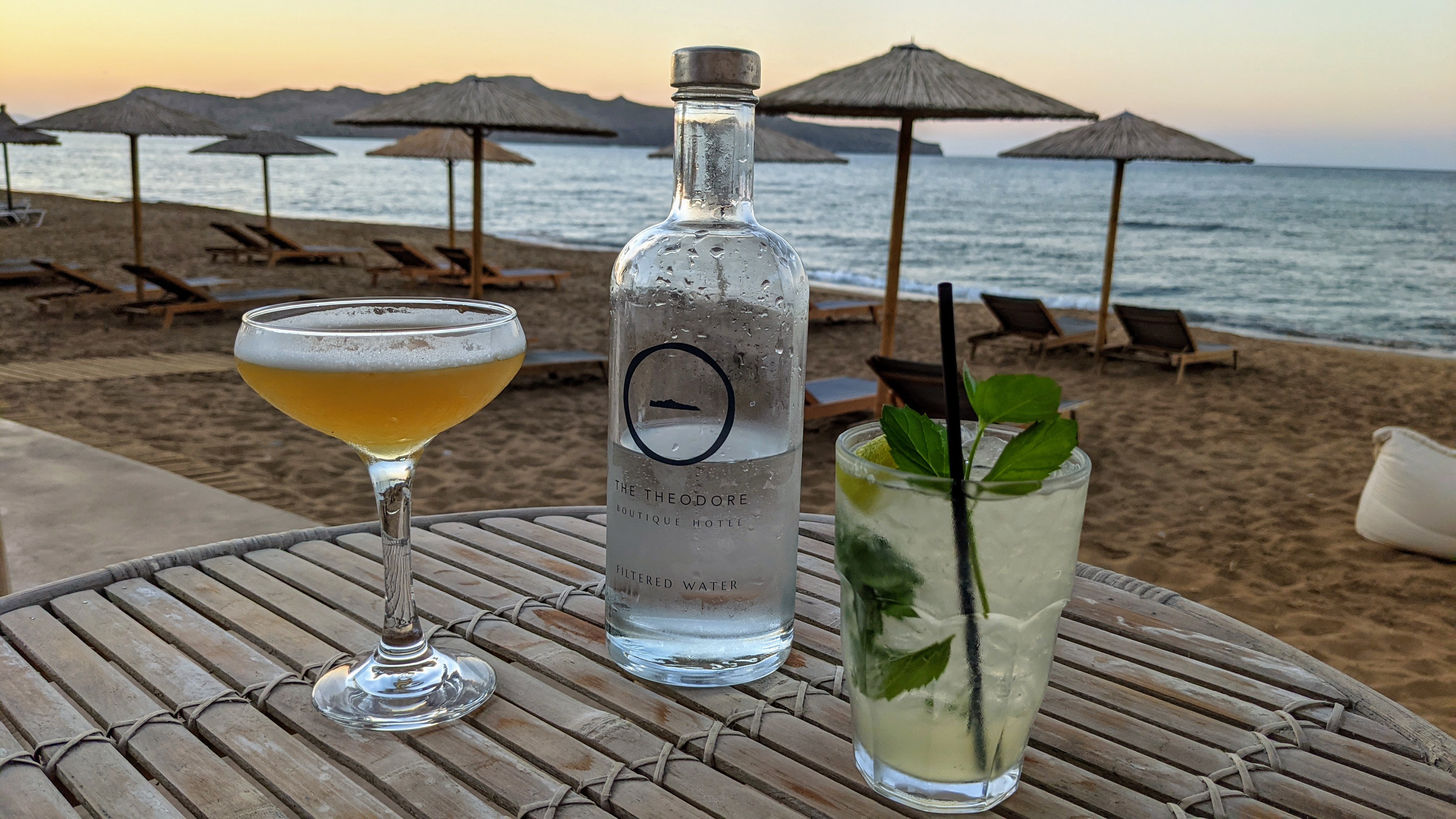 Cocktails at The Theodore Boutique Hotel: a margarita (left) and "Visit Crete" with Tsikoudia (raki).