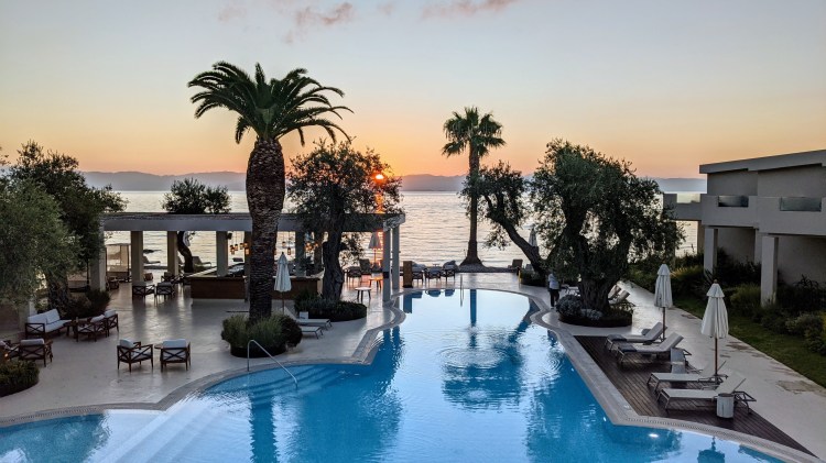 Domes Miramare Corfu Resort: Seaview room view at sunrise and view of the pool