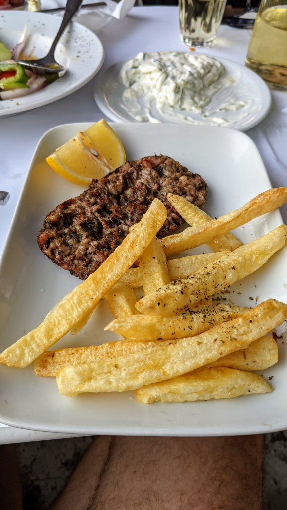 Odos Araxame in Ano Mera: Myconian sausage and chips (sausage was a little dry)